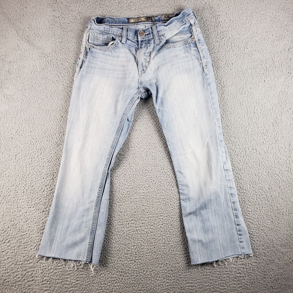 Buckle BKE Carter Jeans Mens 32R (32x26) Blue Stretch Bootcut Raw‎ Hem